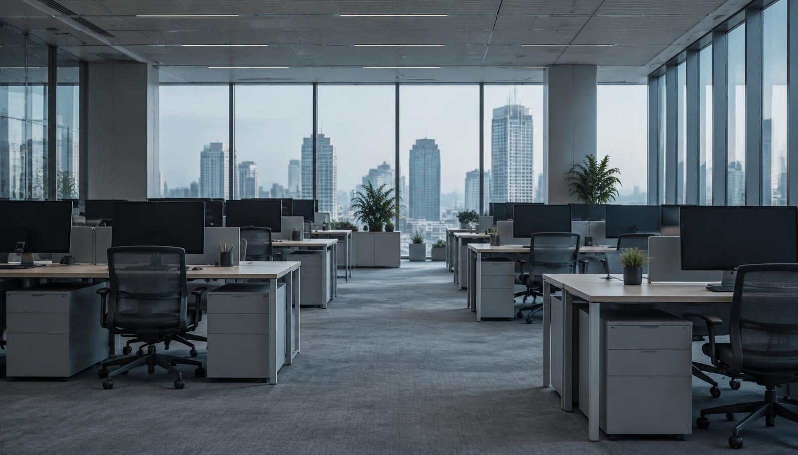 An empty open-plan analyst workspace in early morning light, with dark monitors and chairs pushed in