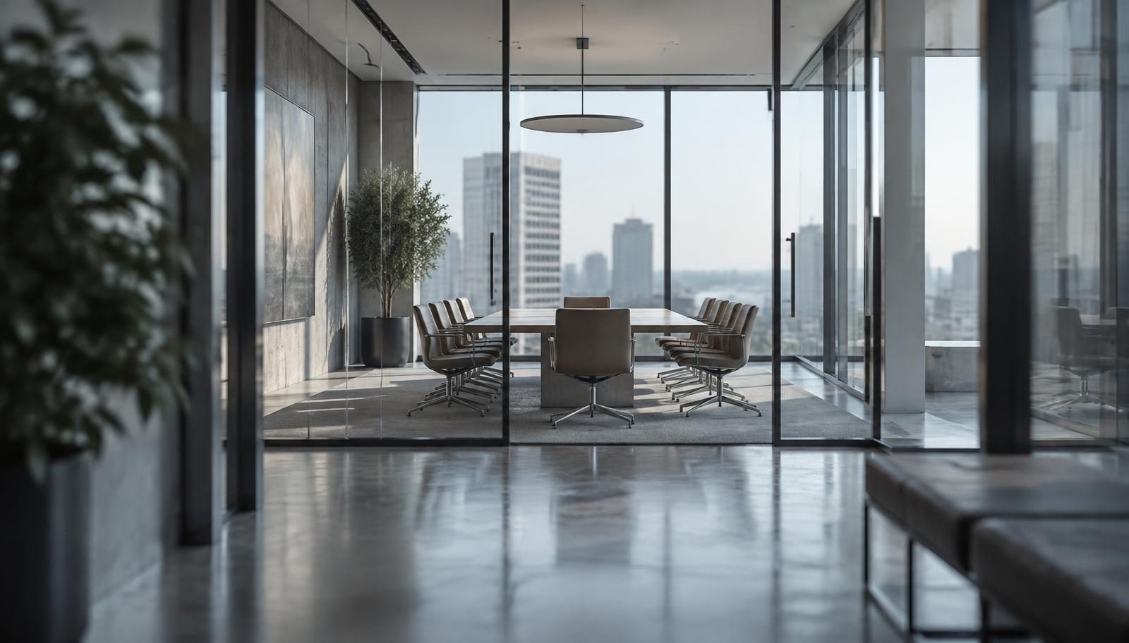 An empty glass-walled meeting room with a long table and chairs, seen down a quiet office corridor in soft daylight